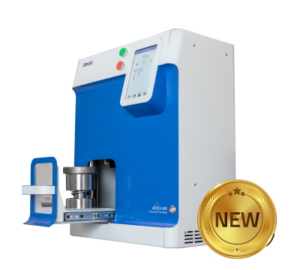 A hydraulic press for pressing powders into solid pellets for XRF analysis, with automated features for high-volume lab work.